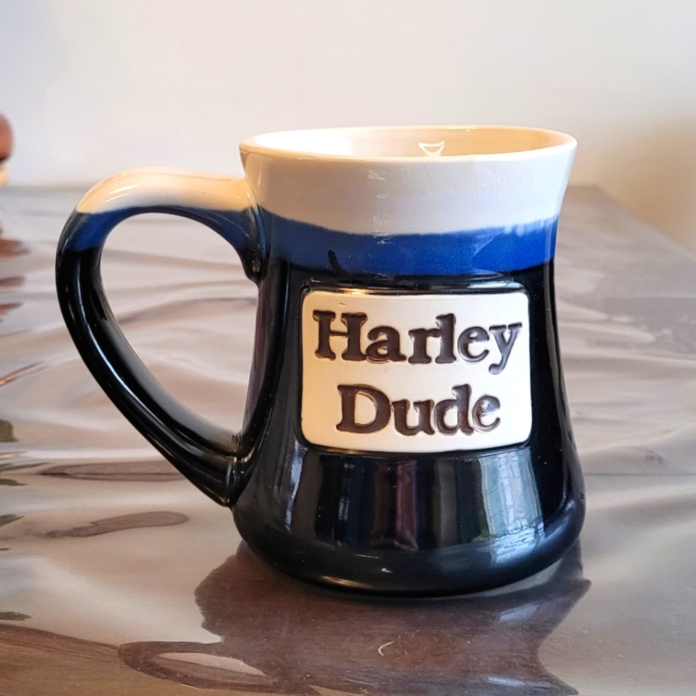 HARLEY DUDE Coffee Mug Drip Glaze Stoneware 20oz Blue Pottery HEAVY DUTY